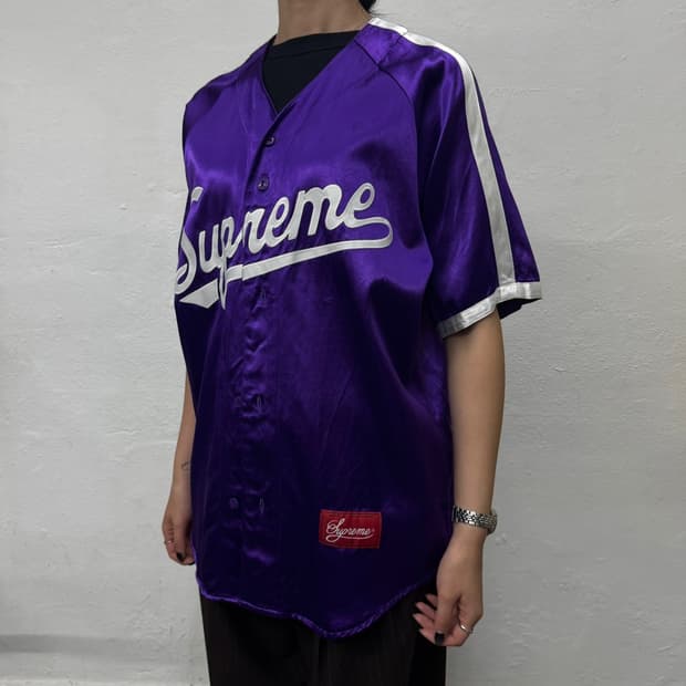 슈프림(SUPREME) 17ss 퍼플 새틴 스펠아웃로고 베이스볼 저지