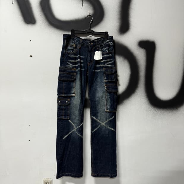 VTG 빈티지 멀티 포켓 더티 워싱 락 펑크 카고 데님 팬츠