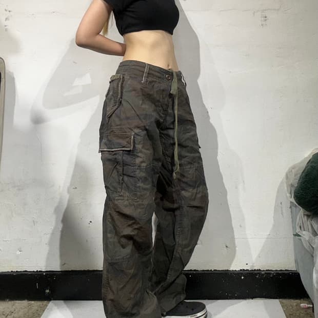 일본 빈티지 밀리터리 카모 카키 와이드 카고 팬츠 33