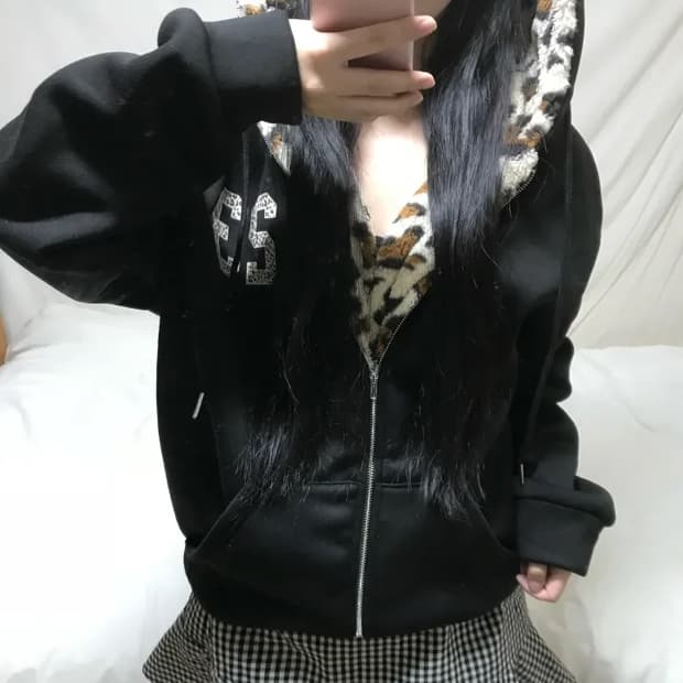 레오파드 퍼 기모 후드집업 갸루 아티즈
