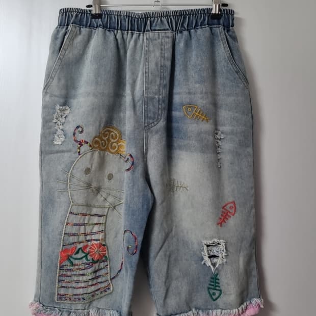 빈티지 자수 데님 연청 반바지