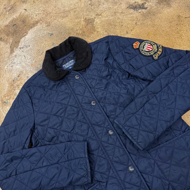 폴로 진스 네이비 코듀로이 골지 카라 얇 경량 퀄팅 패딩 