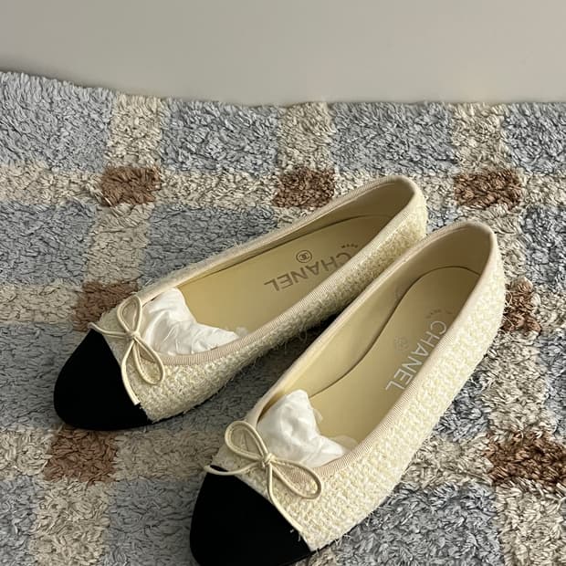 샤넬 발레리나 플랫 코튼 트위드 그로그랭 & 라이트 옐로우 블랙