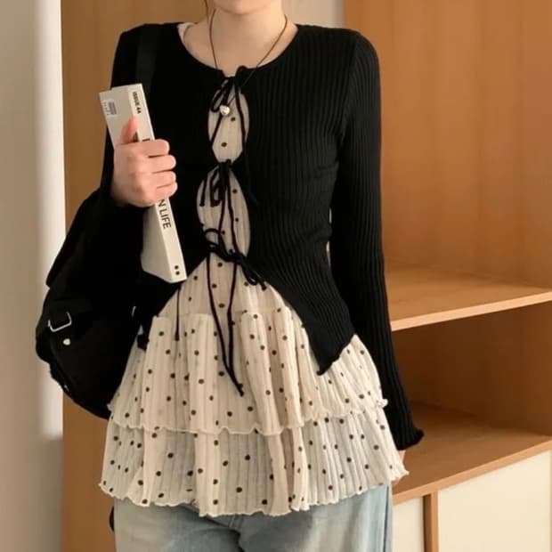빈티지 도트 캉캉 레이어드 뷔스티에 블랙 검정 니트 가디건 코디 세트