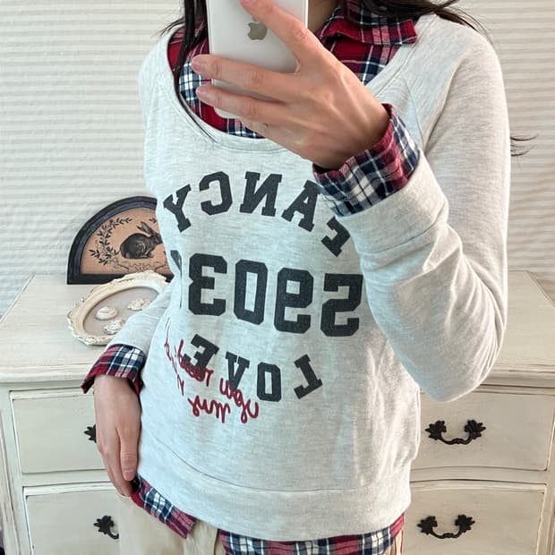 jpn vintage 레드와인 네이비 체크셔츠 멜란지 레이어드 맨투맨 y