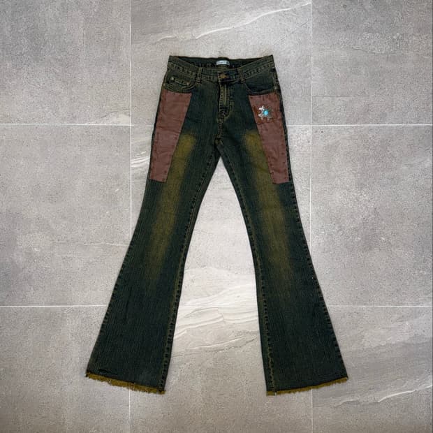 Washing green denim western detail 부츠컷팬츠