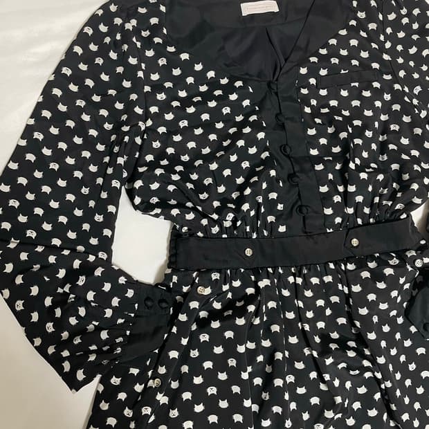 일본빈티지 고양이 패턴 콩단추 주머니있는 원피스
