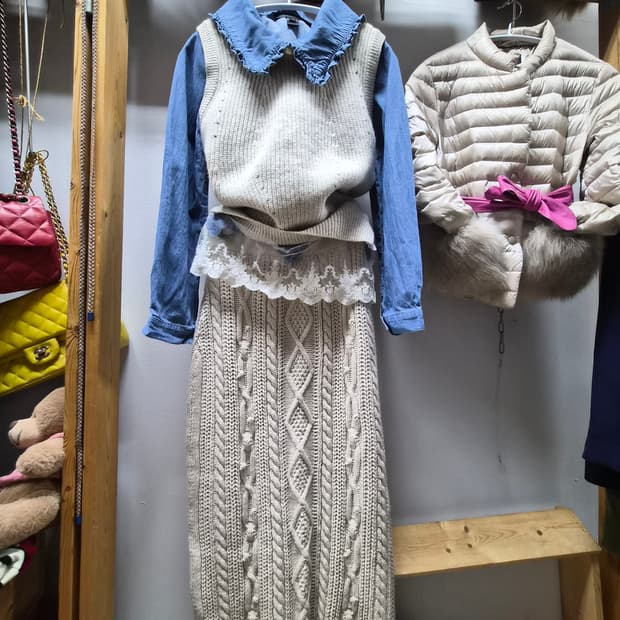 마크제이콥스프릴데님. 레이스니트. 니트케이블 롱스커트