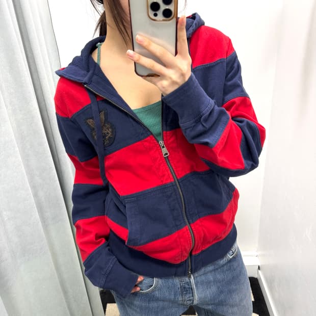 폴로 블루레드 스트라이프 암패치 럭비 후드집업