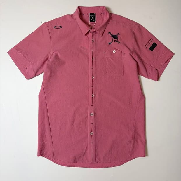 오클리 스컬 라인 핑크 체크 반팔 셔츠 PN9571