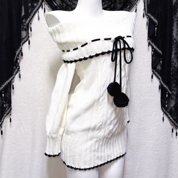 핑크믹스 로맨틱갸루 로걀 히메 화이트 니트 폼폼 오프숄더원피스 달천 핀터