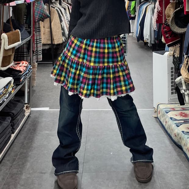 체크 캉캉 레이스 치마 