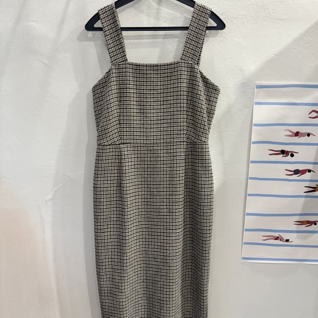 vintage 어깨끈 체크 원피스