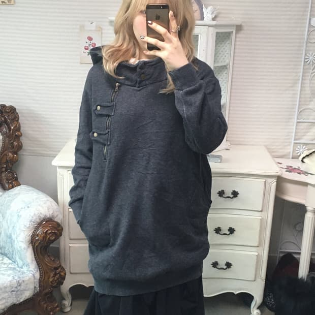 일본빈티지 Y2K 스터드 버튼 기모 후드티