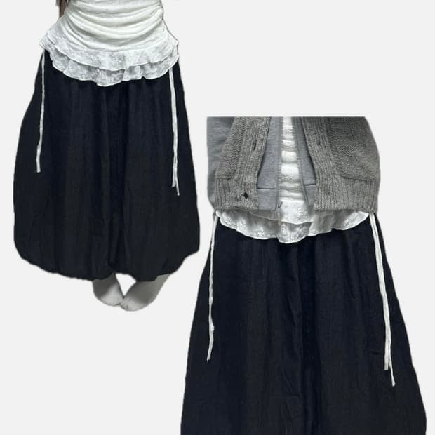 빈티지 흑청 롱 벌룬 스커트 니혼진 모리걸 너드모리