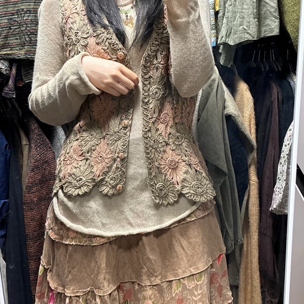 빈티지 핑크 카키 크로쉐 베스트