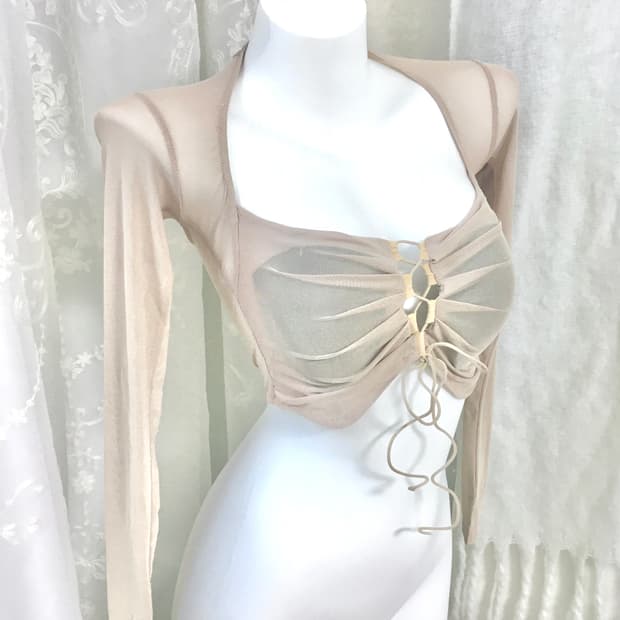 베이지 셔링 시스루 크롭 롱슬리브 