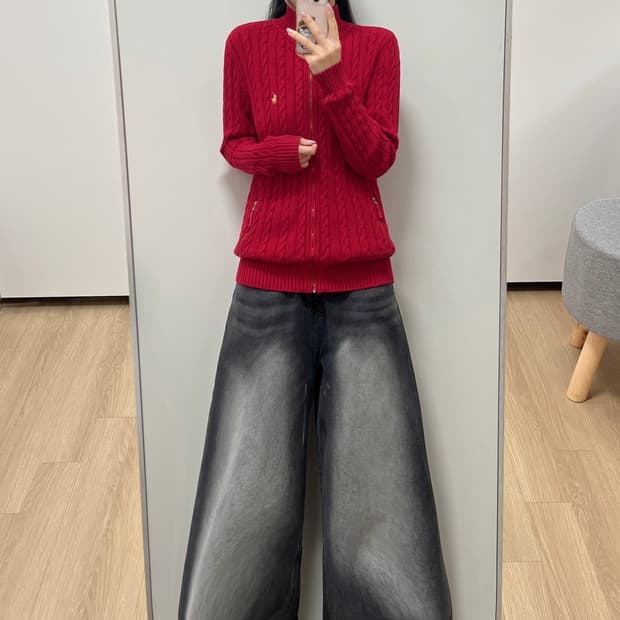 폴로 랄프로렌 골드 포니 레드 꽈배기 니트 집업