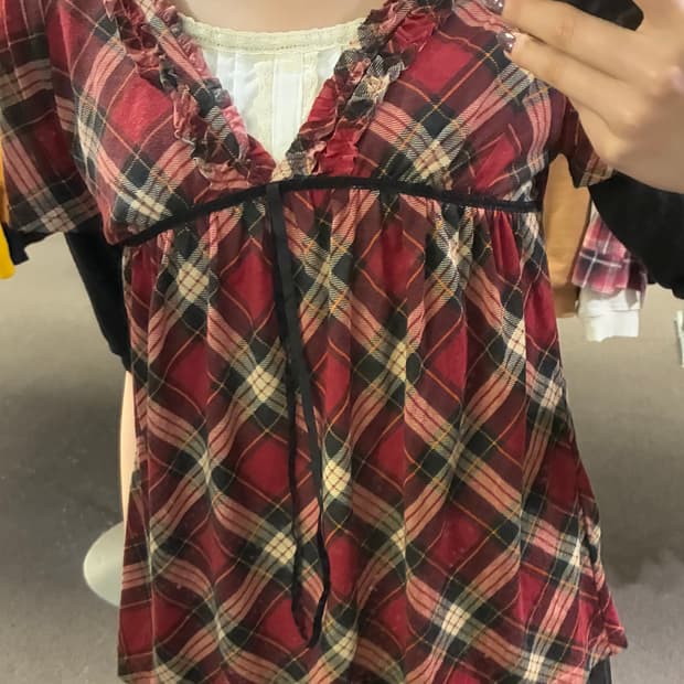 38)Japanese vintage 여성 타탄체크 레이스 펑크 반팔