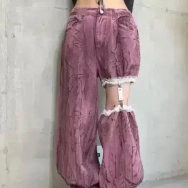 미스테리어스호텔 미호 핑크 크랙 개더 가터 벨트 와이드 바지 팬츠 데님