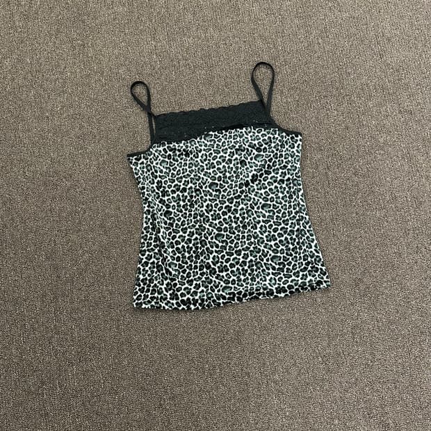 L)Japanese vintage 여성 스웨이드 레오파드 레이스 나시