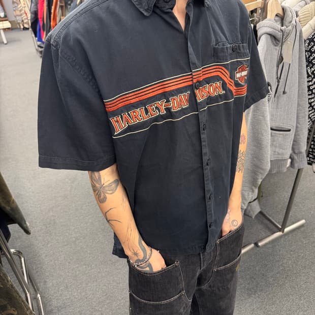 M)할리데이비슨 빈티지 자수 패치 블랙 반팔셔츠 