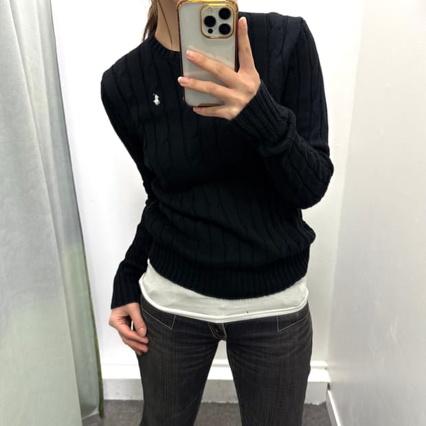 폴로 블랙 꽈베기 코튼 니트