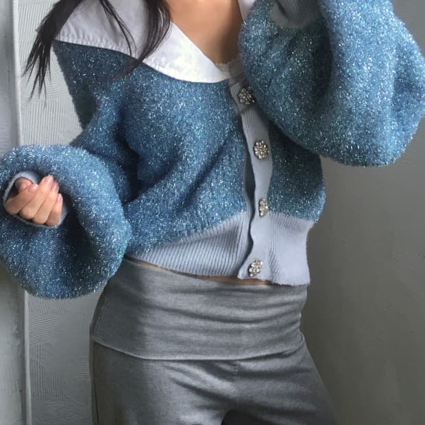 GANNI 가니 블루 스파클 쥬얼 버튼 크롭 가디건