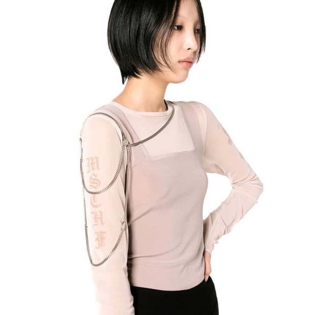 미스치프 메쉬 롱슬리브 시스루 레이어드 탑