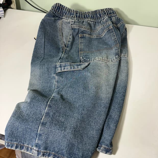 M 리메인세컨드 와이드핏 중청워시드 밴딩 데님 카펜더 버뮤다팬츠