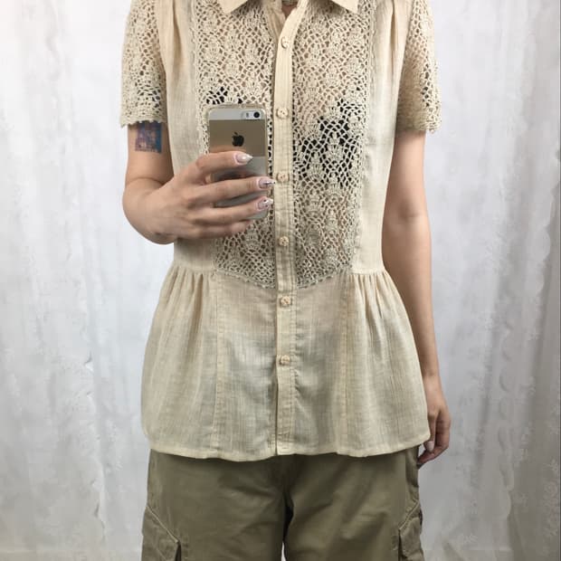 JPN beige triacetate blend crochet top