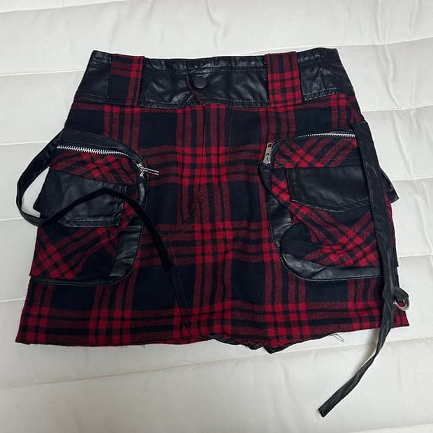 레드블랙 체크 가죽 디테일 카고 스커트 고스 펑크 나나깔 미사깔