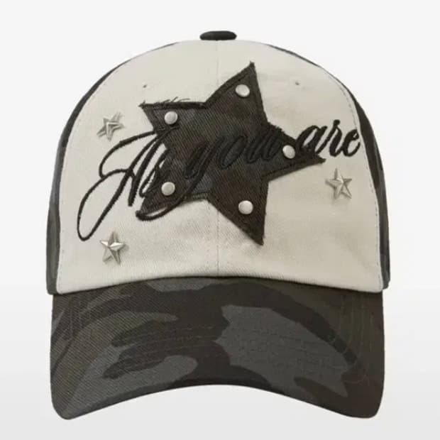 애즈유아 스타 레터링 스터드 볼캡 카모