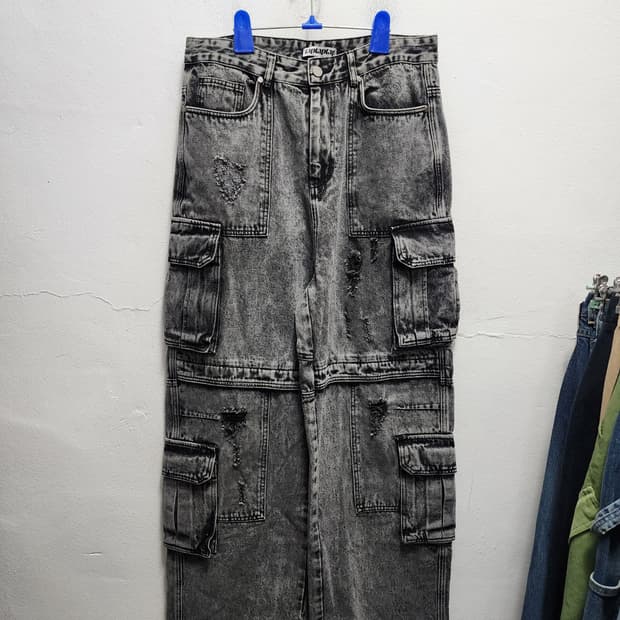 (새상품) Y2K 워시드 YKK지퍼 와이드 카고 흑청바지 