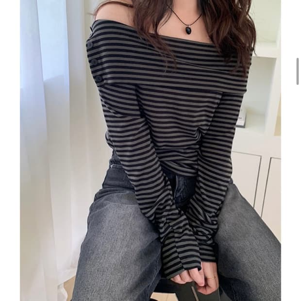 스트라이프 오프숄더 티셔츠