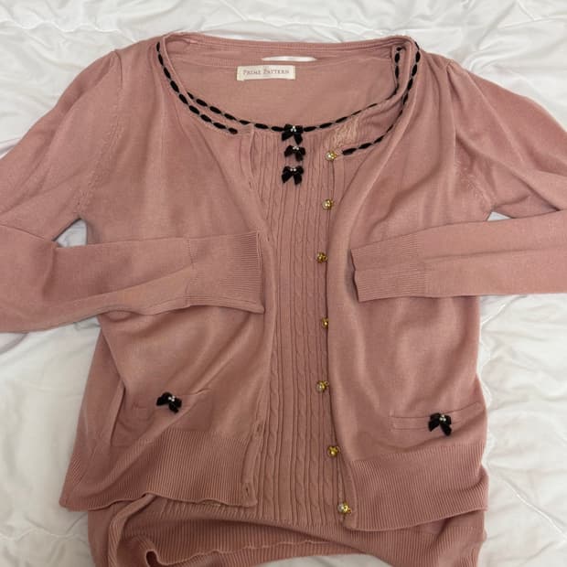 Prime pattern 리본 핑크 반팔 가디건 세트