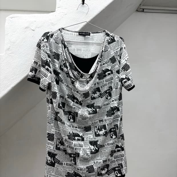 Newspaper print layered drape top
