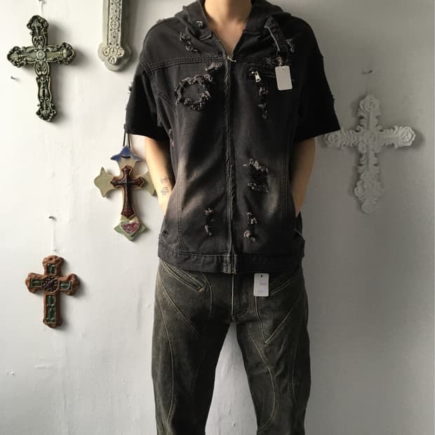 Damage grunge mood hood zip up