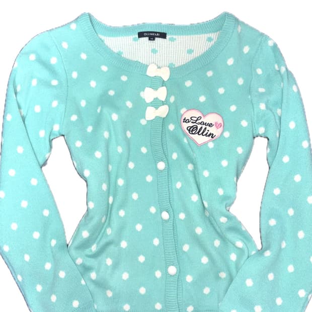 히메갸루 민트 도트 러블리 리본 니트 가디건 자수 패치워크 카와이 팝갸루