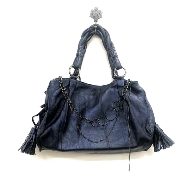 navy leather tassel chain shoulder bag