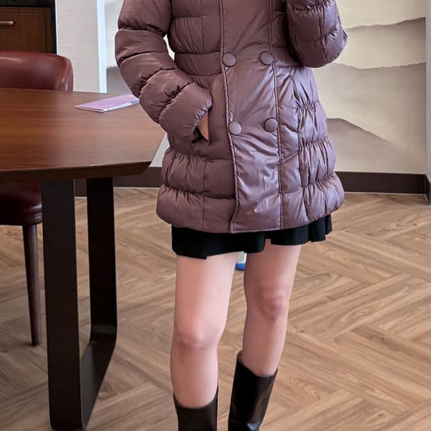 베네통 퍼플 더블버튼 미디패딩