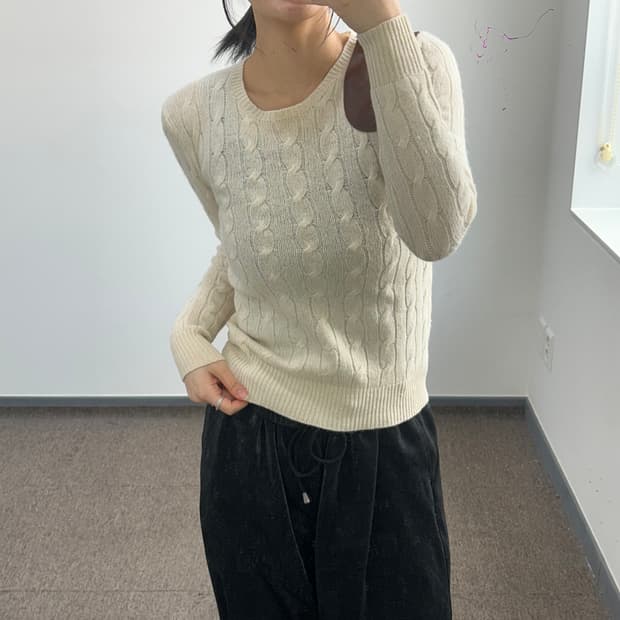 Polo 폴로 레더 패치 아이보리 케이블 니트