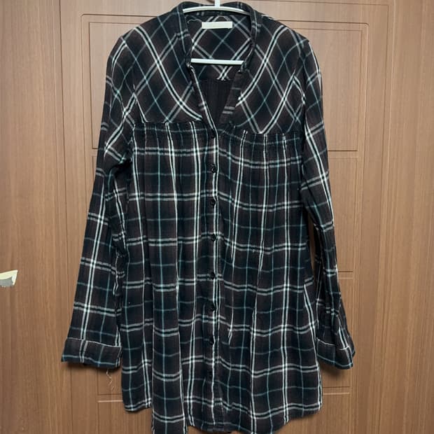 모리걸 하구미 일본 빈티지 브라운 체크 셔츠 남방 블라우스 원피스