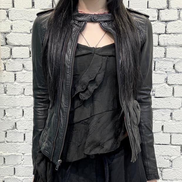 Multi Zip Neck Buckle Lambskin Jacket