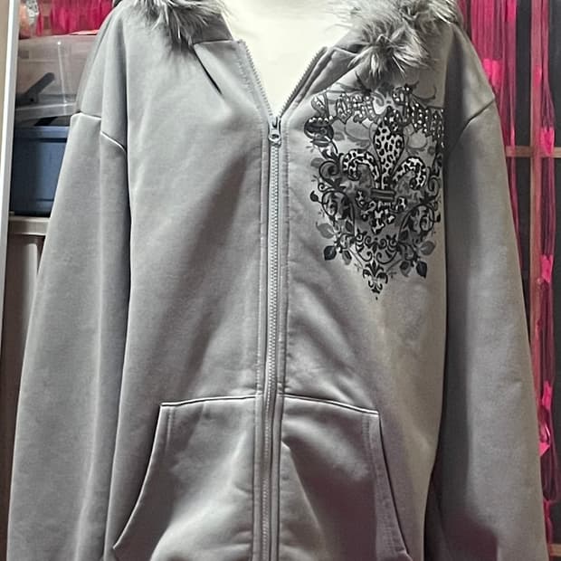 갸루 그런지 펑크 고스 라인스톤 털 후드집업 