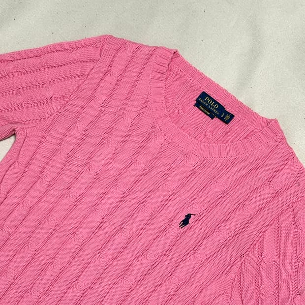 L 폴로랄프로렌 여성용 피마코튼 핑크 케이블 반팔 니트