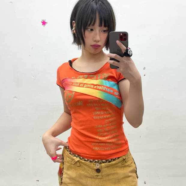 Rainbow orange glossy hooded T-shirt