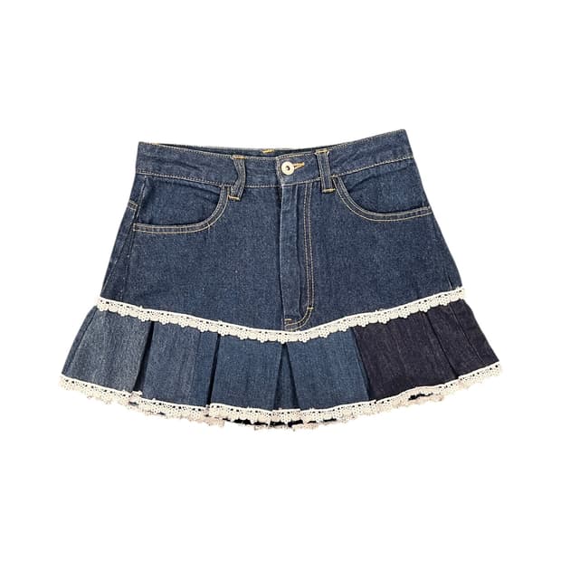 JPN 리워크 데님 레이스 플리츠 미니스커트 