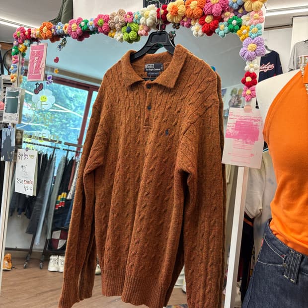 폴로 랄프로렌 카라 꽈배기 니트 오렌지
