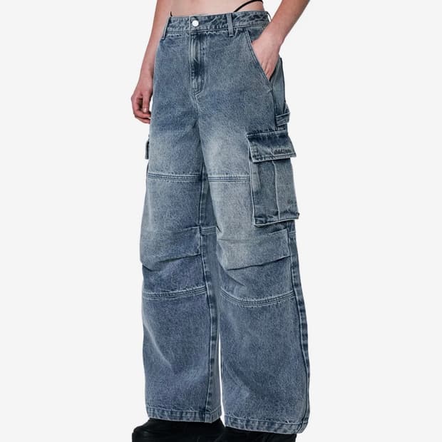 오드스튜디오 솔트 워싱 카고 와이드 파라슈트 데님 팬츠